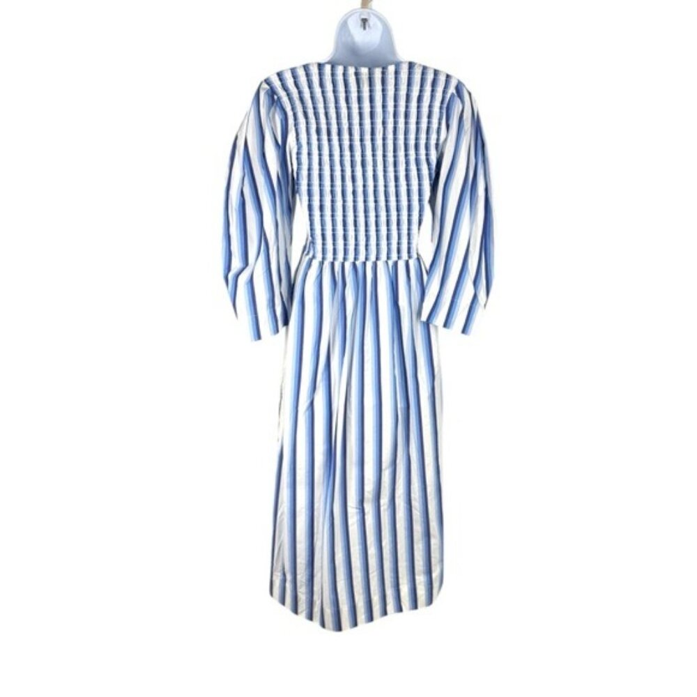 Coastal Blue Stripe Midi Dress Puff Sleeve Smocked Summer GANNI NWT - Picture 8 of 12